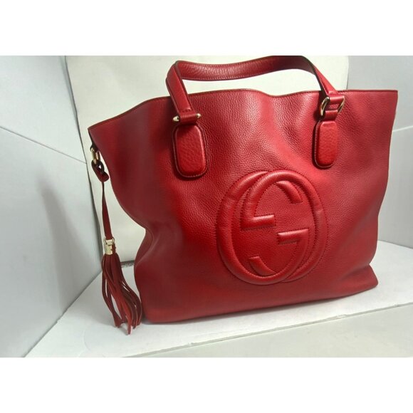 GUCCI $1590 WOMENS SOHO RED LEATHER GG CROSSBODY PURSE TOTE BAG ITALY - Picture 1 of 16